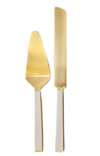 Load image into Gallery viewer, Cutlery - White &amp; Gold Cake Knife &amp; Lifter Set